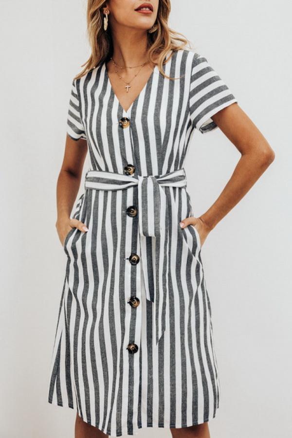 Stripe Pocket V-neck Single Breasted Dress Dress 5201906191605 black L 