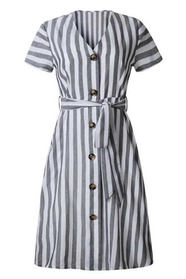 Stripe Pocket V-neck Single Breasted Dress Dress 5201906191605 