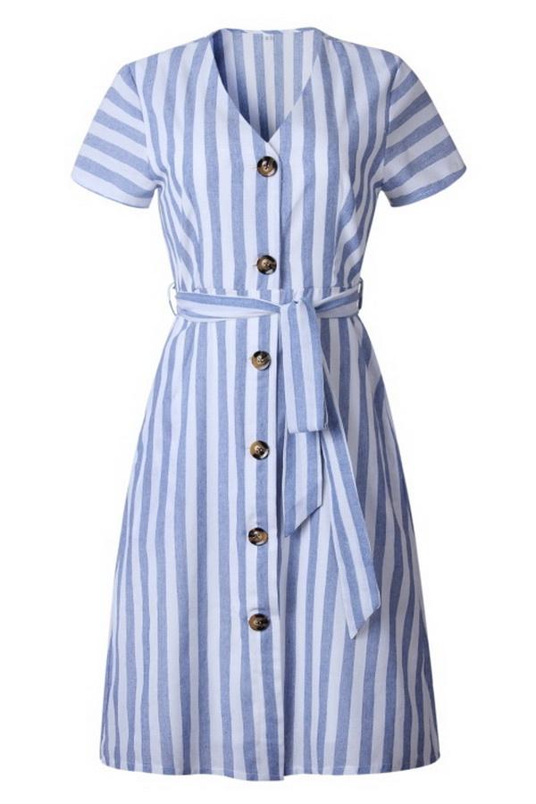 Stripe Pocket V-neck Single Breasted Dress Dress 5201906191605 blue L 