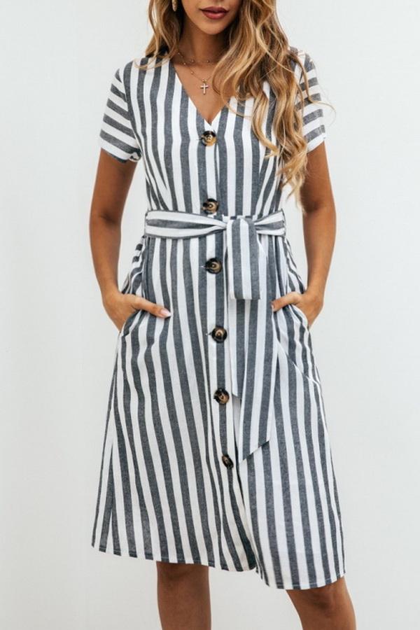 Stripe Pocket V-neck Single Breasted Dress Dress 5201906191605 