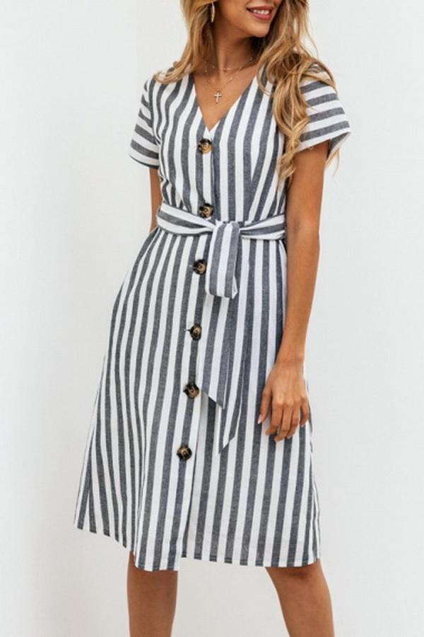 Stripe Pocket V-neck Single Breasted Dress Dress 5201906191605 