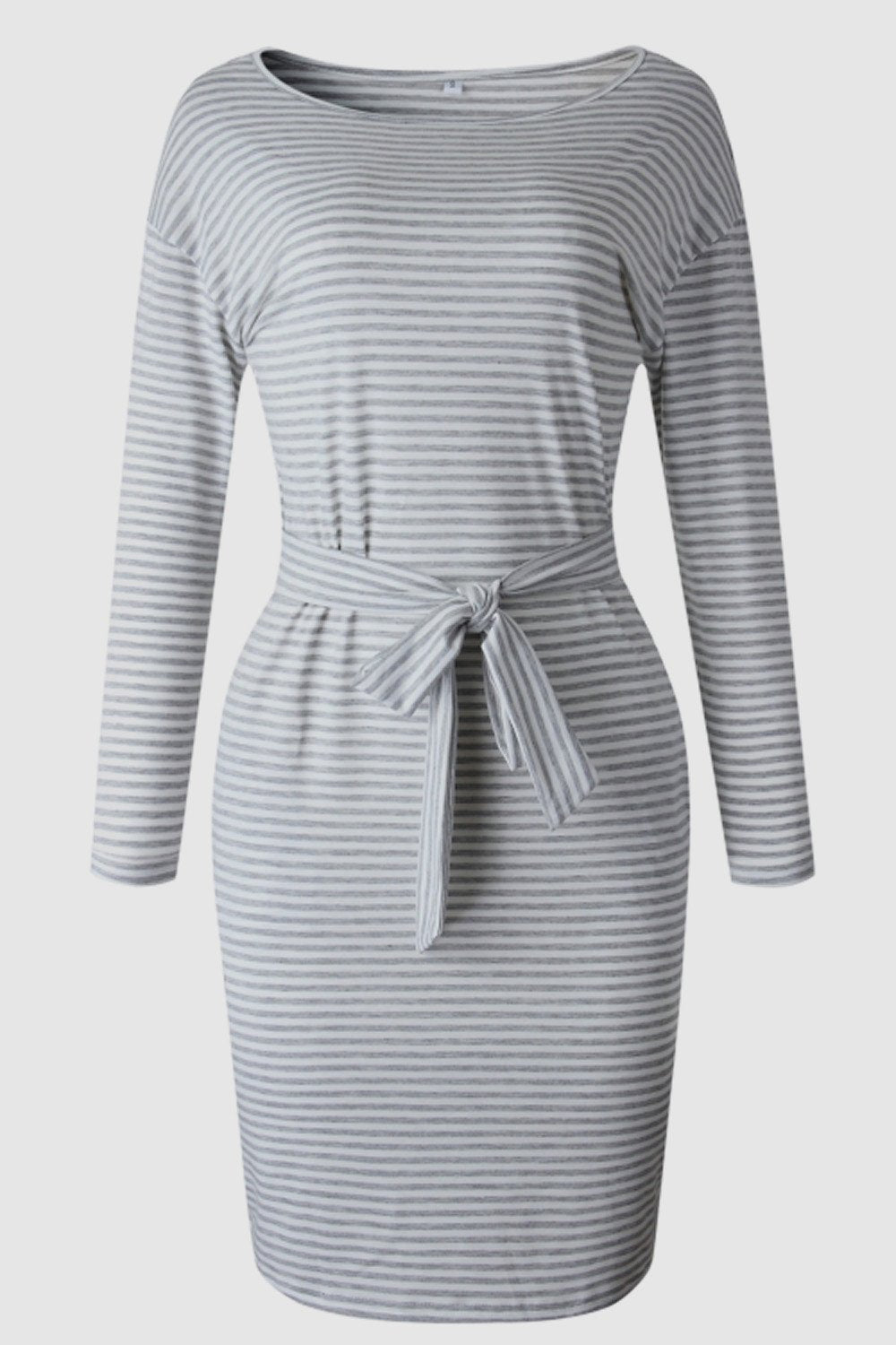 Striped Belt Long-sleeve Dress - Pavacat