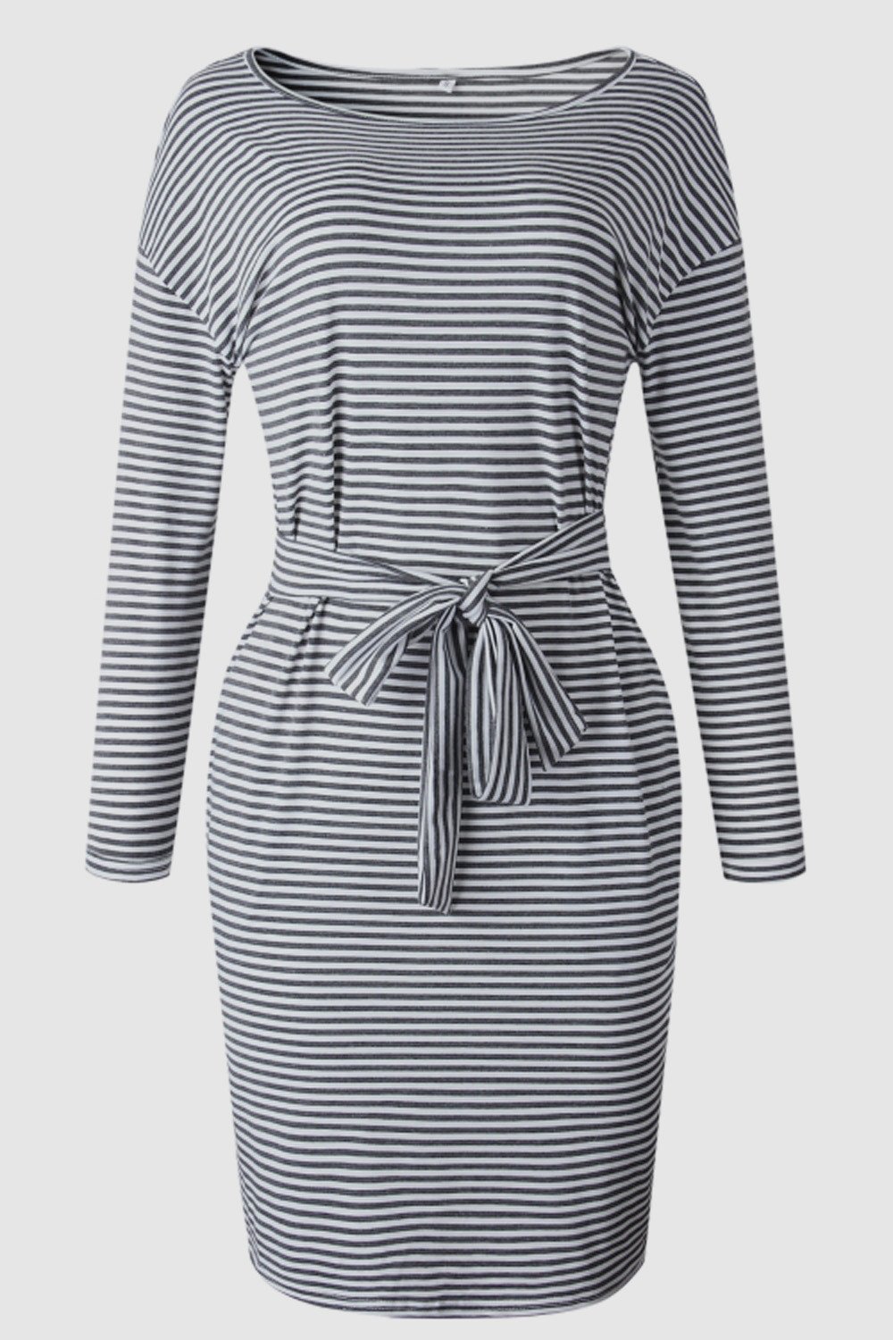 Striped Belt Long-sleeve Dress - Pavacat