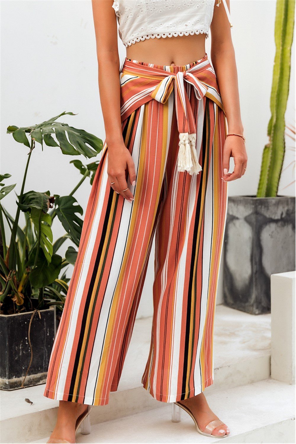 Tassle Split Striped Wide Leg Pants - Pavacat