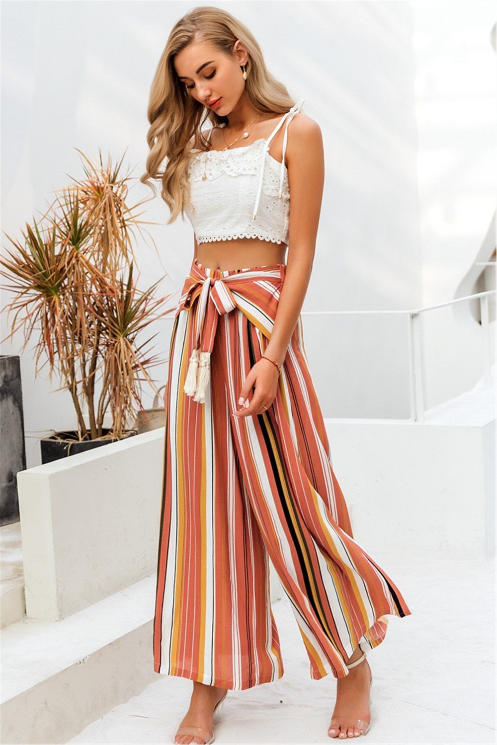 Tassle Split Striped Wide Leg Pants - Pavacat