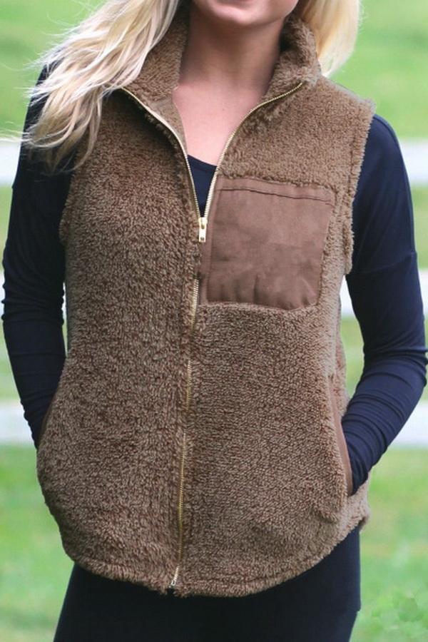 Turn-down Collar Fluffy Zipper Waistcoat - Pavacat