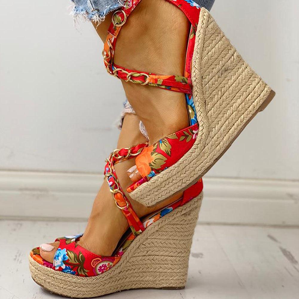 Twine Woven Floral Cross-Strap Wedges Sandals - Pavacat