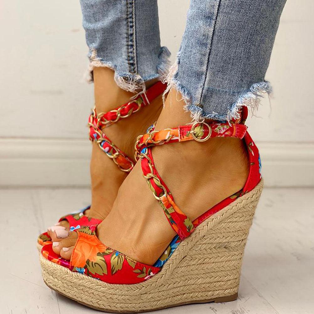 Twine Woven Floral Cross-Strap Wedges Sandals - Pavacat