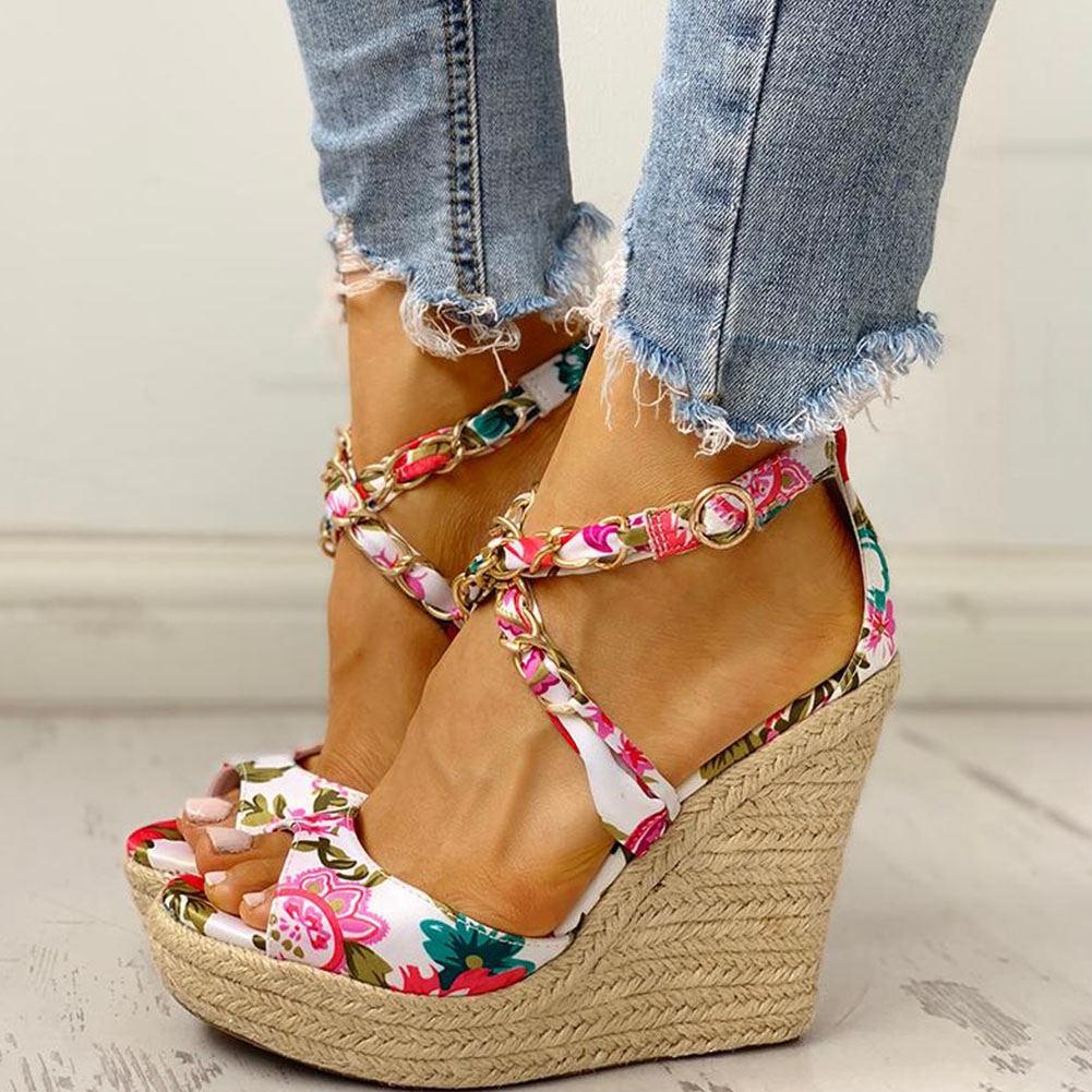 Twine Woven Floral Cross-Strap Wedges Sandals - Pavacat