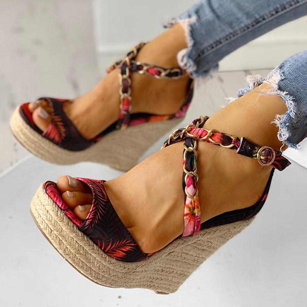 Twine Woven Floral Cross-Strap Wedges Sandals - Pavacat