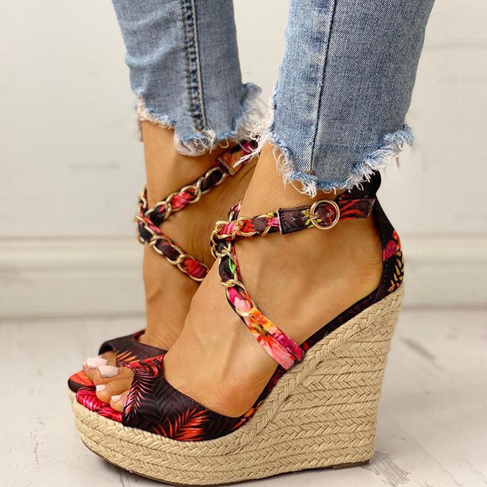 Twine Woven Floral Cross-Strap Wedges Sandals - Pavacat