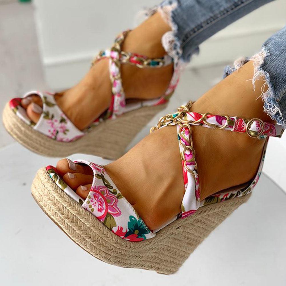 Twine Woven Floral Cross-Strap Wedges Sandals - Pavacat