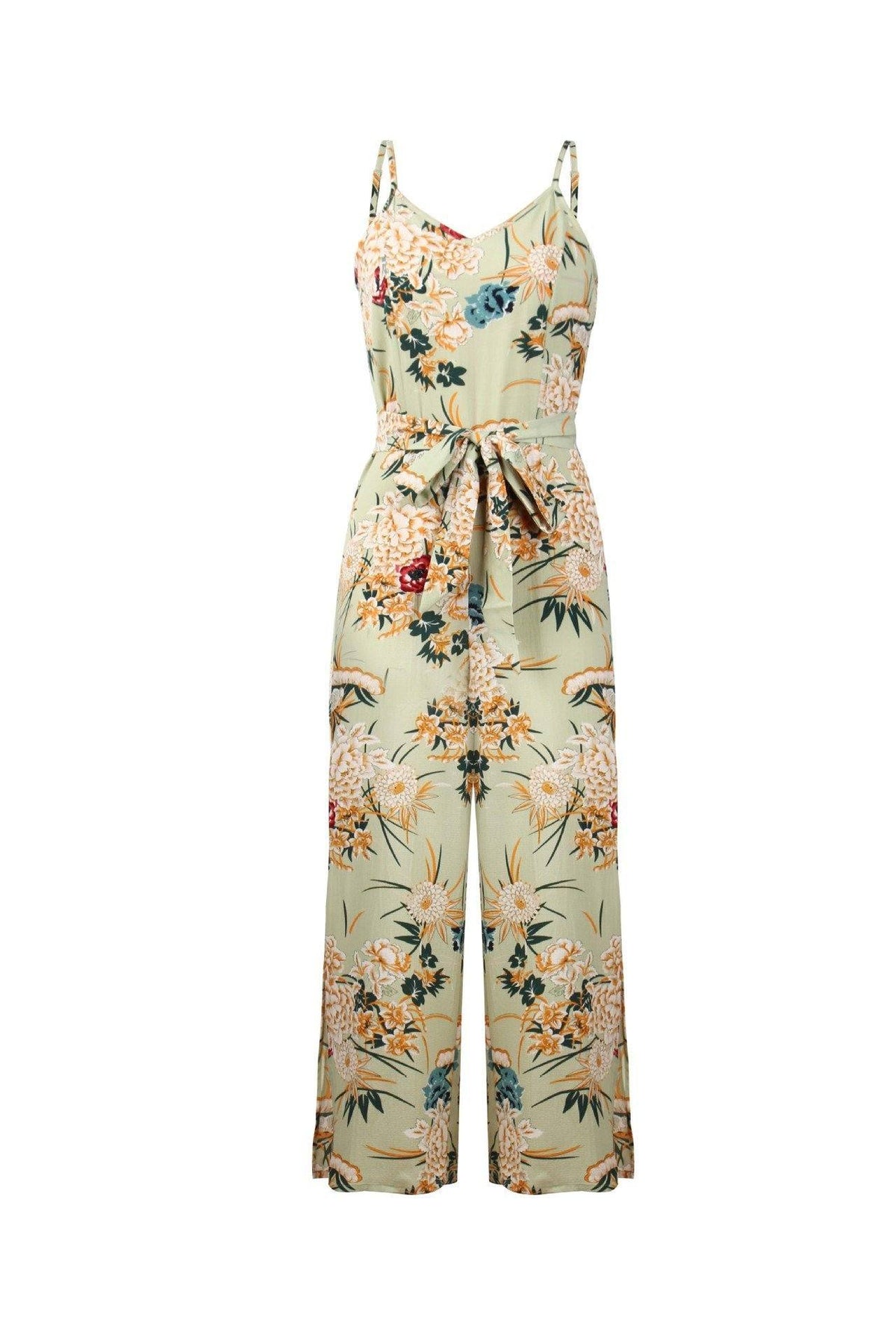 V Neck Floral Slit Jumpsuit - Green Jumpsuits & Rompers 5201812281531 