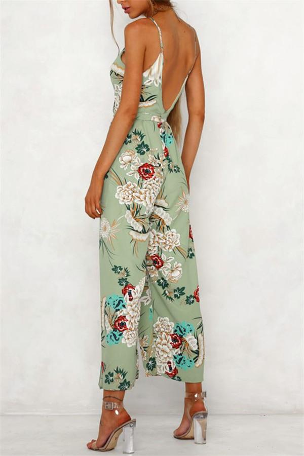 V Neck Floral Slit Jumpsuit - Green Jumpsuits & Rompers 5201812281531 