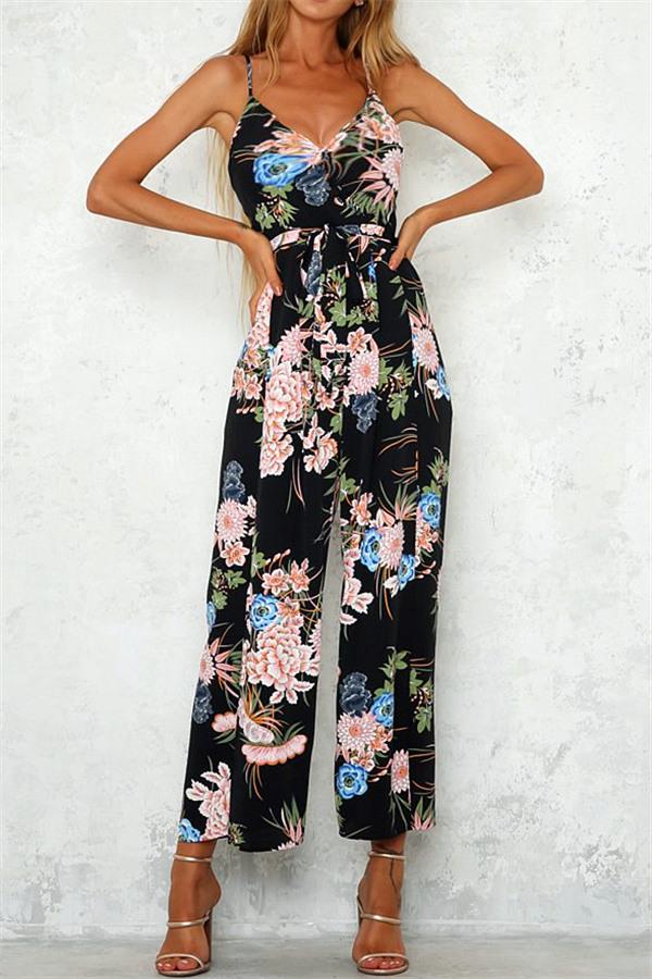 V Neck Floral Slit Jumpsuit Jumpsuits & Rompers 5201812281531 L black 