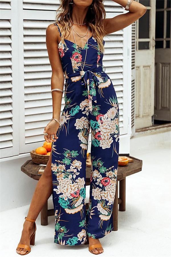 V Neck Floral Slit Jumpsuit Jumpsuits & Rompers 5201812281531 L blue 