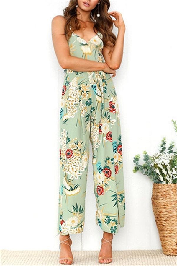 V Neck Floral Slit Jumpsuit Jumpsuits & Rompers 5201812281531 L green 