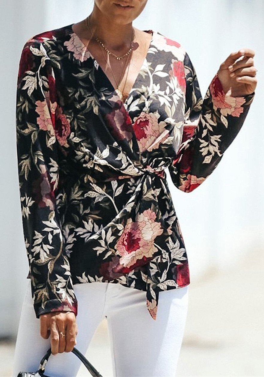 V Neck Floral Wrap Shirt Blouses & Shirts 5201812281308 