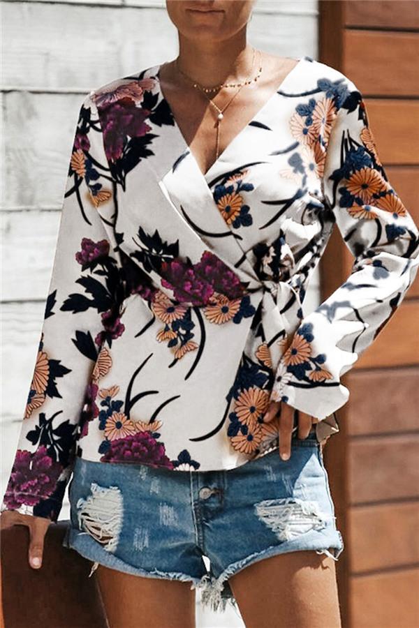 V Neck Floral Wrap Shirt Blouses & Shirts 5201812281308 