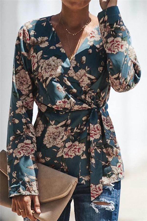 V Neck Floral Wrap Shirt Blouses & Shirts 5201812281308 