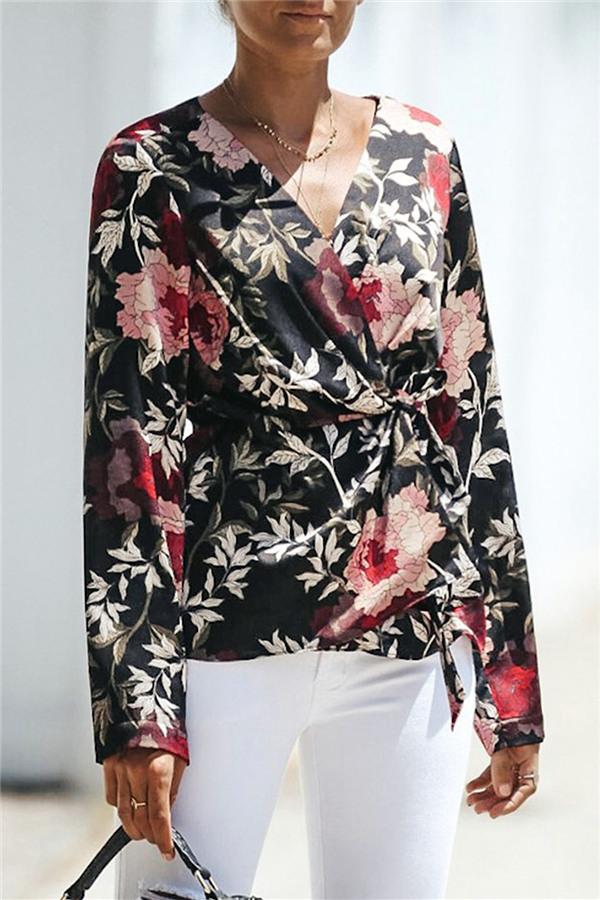 V Neck Floral Wrap Shirt Blouses & Shirts 5201812281308 L black 