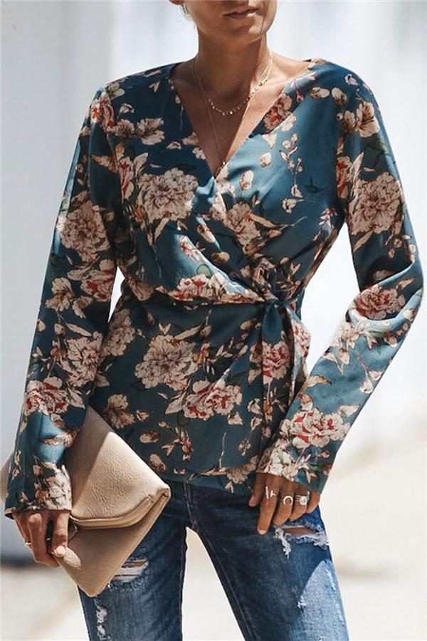 V Neck Floral Wrap Shirt Blouses & Shirts 5201812281308 L blue 