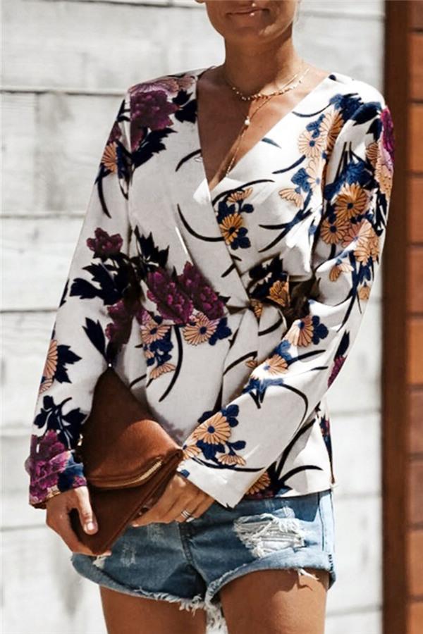 V Neck Floral Wrap Shirt Blouses & Shirts 5201812281308 L white 