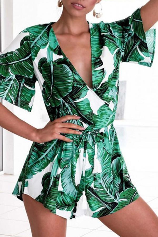 V Neck Green Leaves Tie Waist Romper Jumpsuits & Rompers 5201805021530 