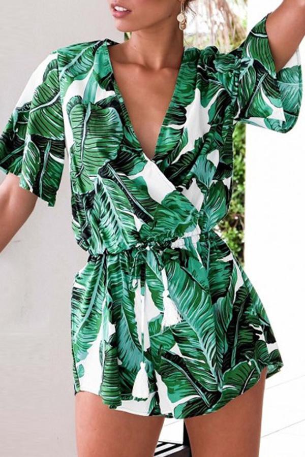 V Neck Green Leaves Tie Waist Romper Jumpsuits & Rompers 5201805021530 