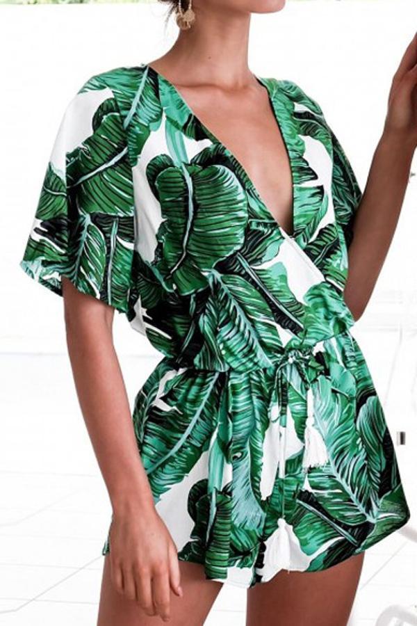 V Neck Green Leaves Tie Waist Romper Jumpsuits & Rompers 5201805021530 