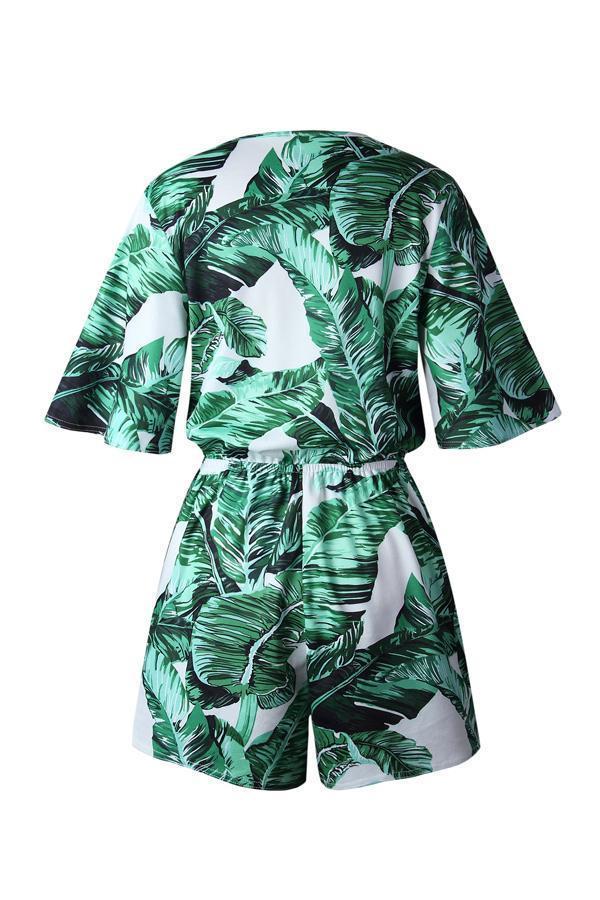 V Neck Green Leaves Tie Waist Romper Jumpsuits & Rompers 5201805021530 