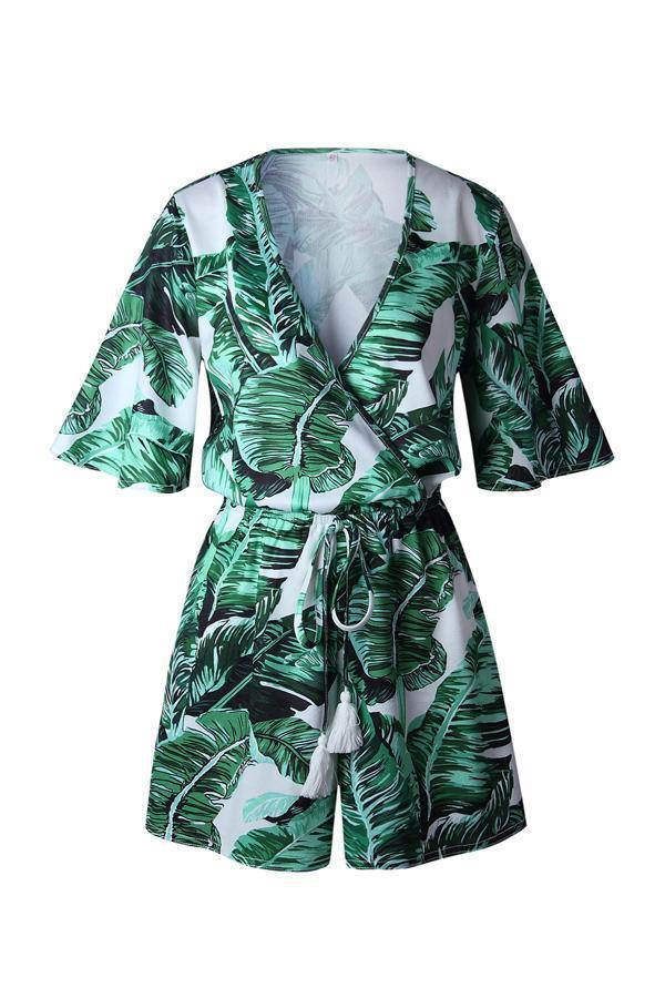 V Neck Green Leaves Tie Waist Romper Jumpsuits & Rompers 5201805021530 