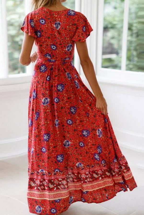 V-neck High Waist Print Mid-length Dress - Pavacat