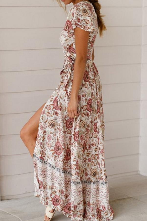 V-neck High Waist Print Mid-length Dress - Pavacat