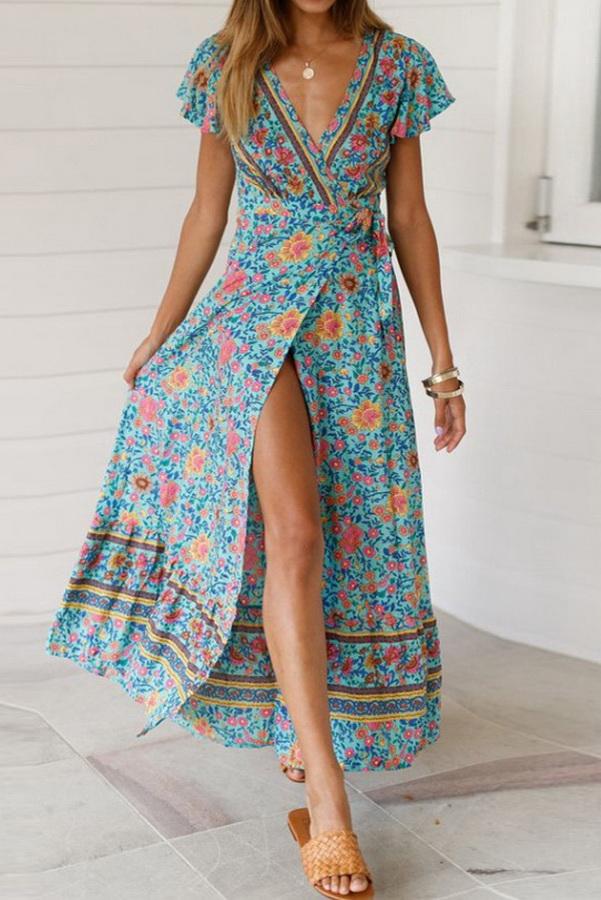 V-neck High Waist Print Mid-length Dress - Pavacat