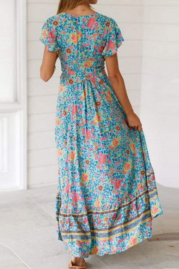 V-neck High Waist Print Mid-length Dress - Pavacat