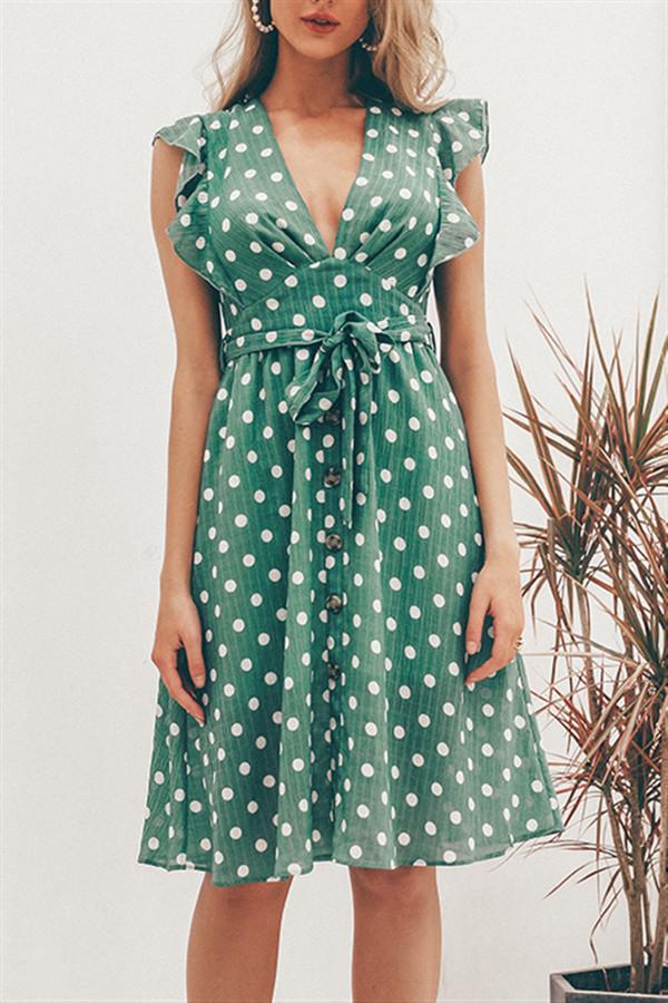 V Neck Polka Dot Green Ruffle Summer Dress - Pavacat