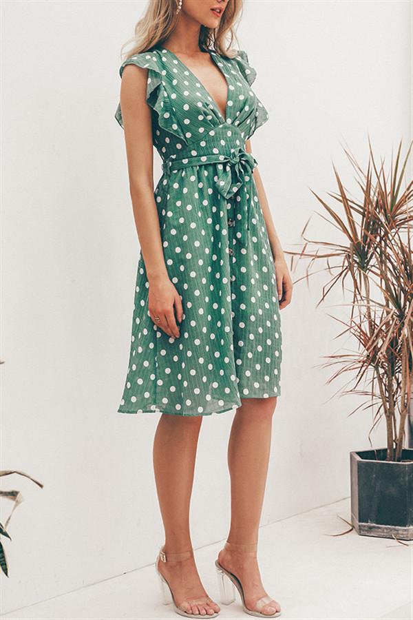 V Neck Polka Dot Green Ruffle Summer Dress - Pavacat