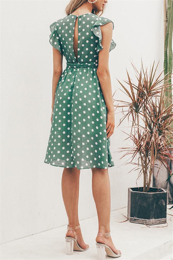 V Neck Polka Dot Green Ruffle Summer Dress - Pavacat