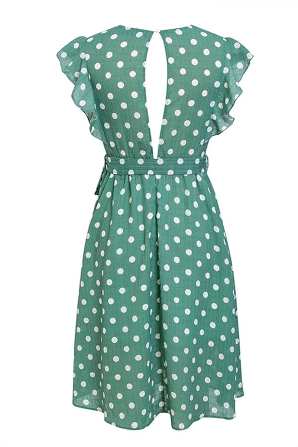 V Neck Polka Dot Green Ruffle Summer Dress - Pavacat