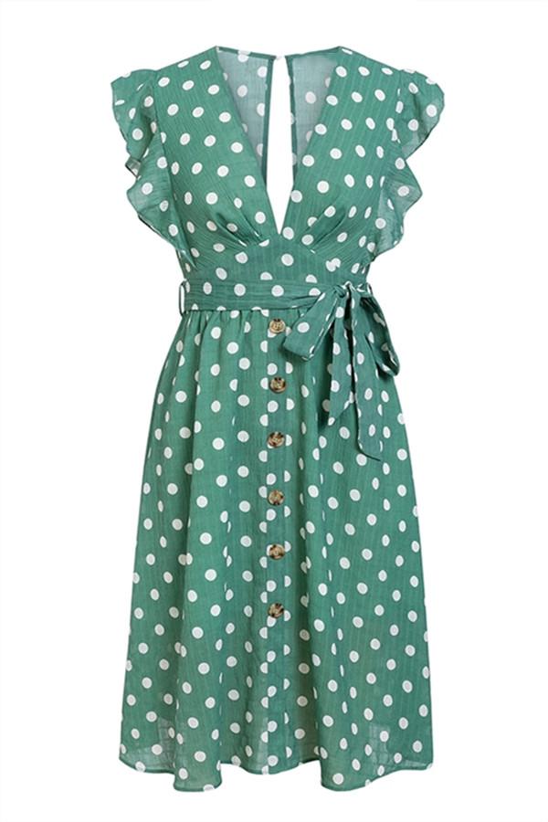 V Neck Polka Dot Green Ruffle Summer Dress - Pavacat