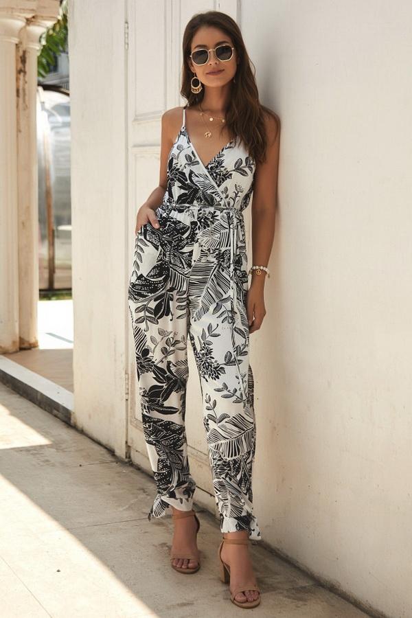 V Neck Sleeveless Belt Jumpsuit - Pavacat