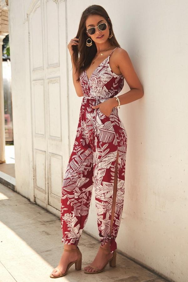 V Neck Sleeveless Belt Jumpsuit - Pavacat