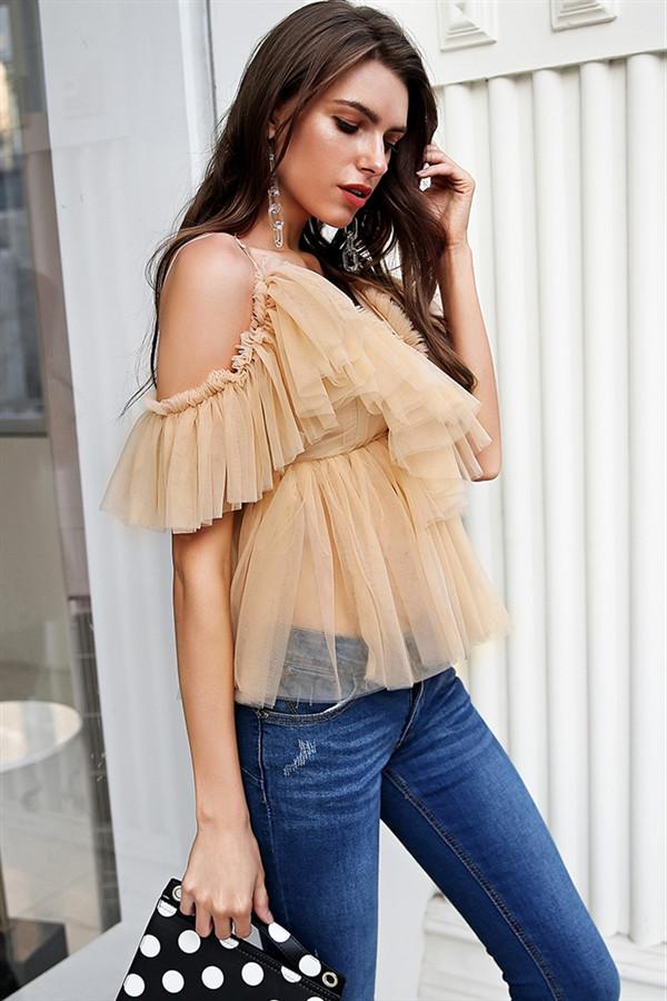 V Neck Strap Boho Mesh Blouse Shirt - Pavacat