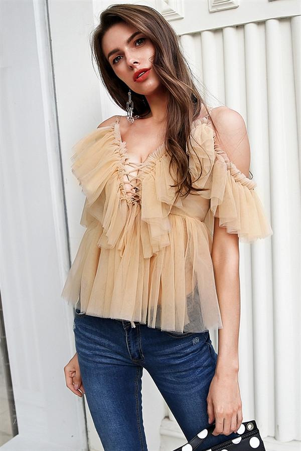 V Neck Strap Boho Mesh Blouse Shirt - Pavacat