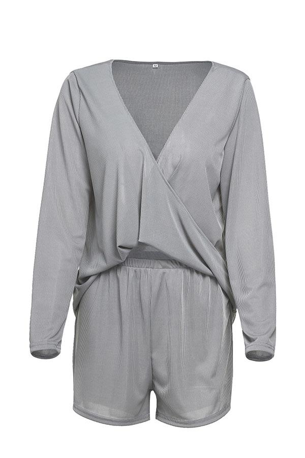 V Neck Top And Shorts Set Jumpsuits & Rompers 5201902090929 L gray 