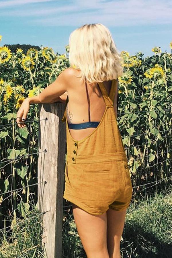 Vintage Pure Color Pockets Romper Jumpsuits & Rompers 5201805021530 S yellow 