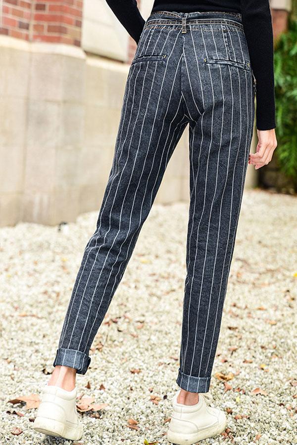 Zipper Fly Striped Belt Jeans Pants 5201902090929 