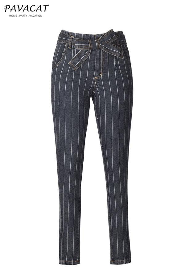 Zipper Fly Striped Belt Jeans Pants 5201902090929 