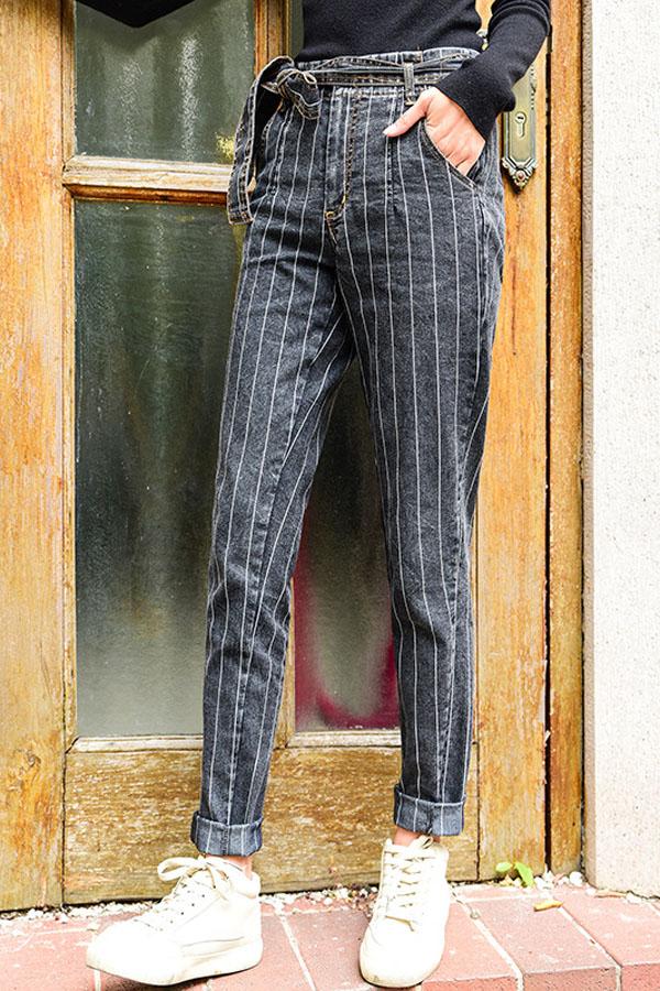 Zipper Fly Striped Belt Jeans Pants 5201902090929 L 